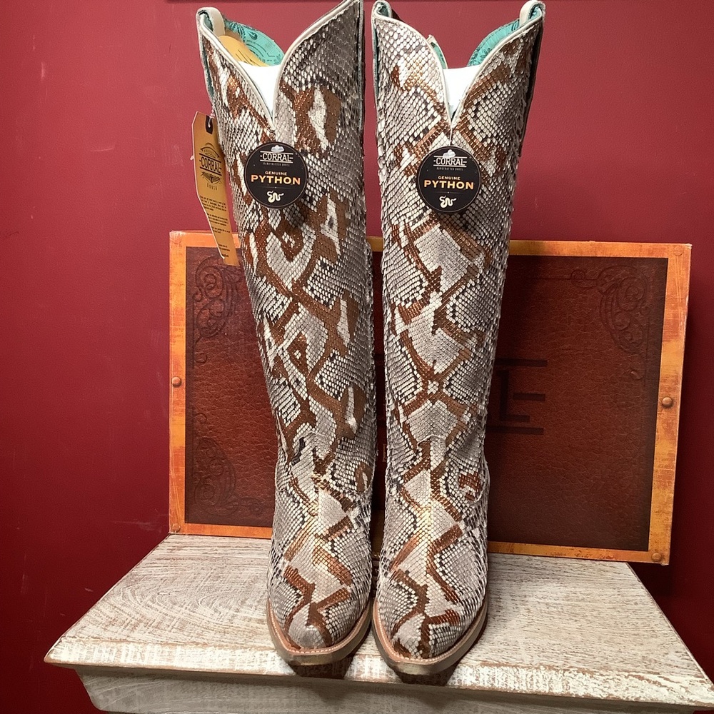Corral Python Snake Skin Hand Painted Gold Accents Tall Top Western Boots 2”Heel - Picture 6 of 14